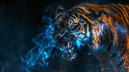 Close-up portrait of a tiger in the smoke in the dark - obrazy, fototapety, plakaty