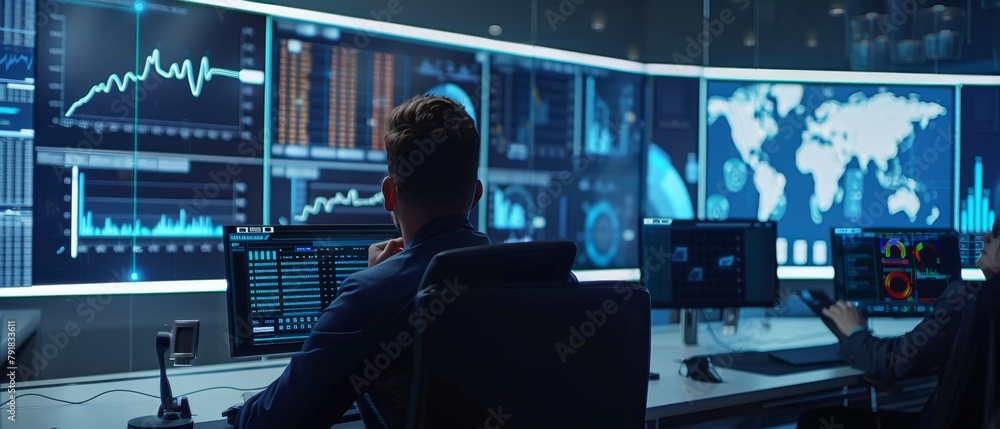 Poster finance analysts working in a modern monitoring office with a big screen and live analytics feed. fi