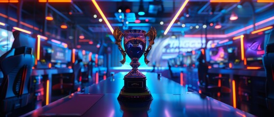 eSports Winner Trophy on Stage in the Center of Computer Video Games Championship Arena. Two Rows...