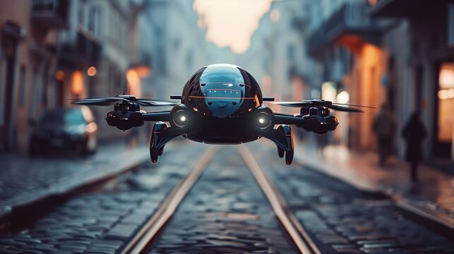 Personal flying vehicles become the primary mode of transportation, navigating through crowded urban airspace with advanced collision avoidance systems