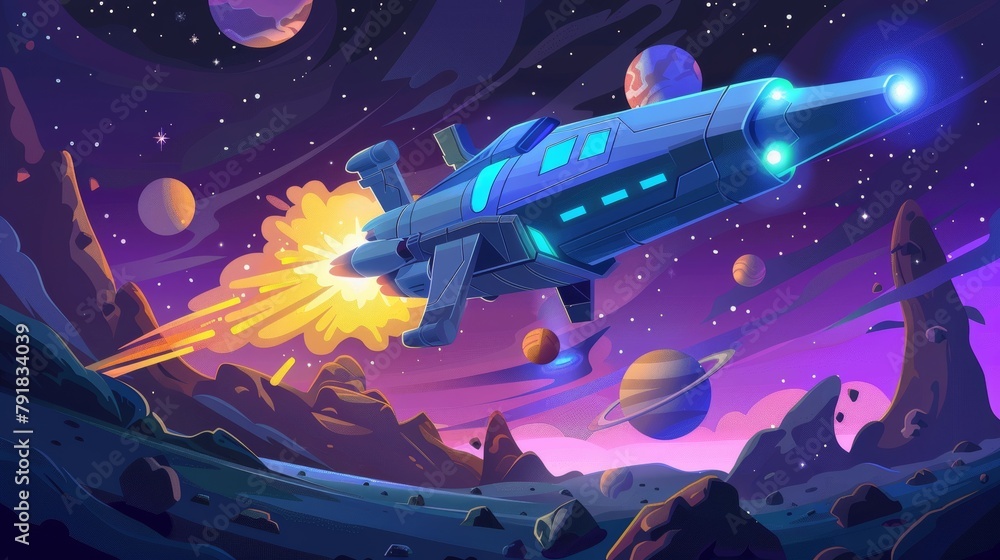 Poster spaceship in outer space with planets, explosion and glowing nebula with stars in the dark sky. spac