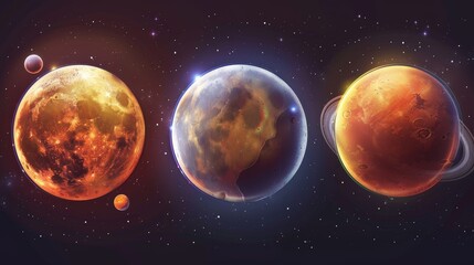 A detailed depiction of Mars, Mercury, and the Moon of the solar system. A modern representation of realistic 3d galaxy objects isolated on a transparent background. Astronomy science and space - obrazy, fototapety, plakaty