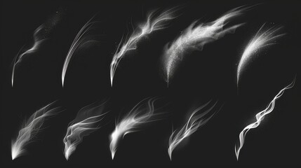 Obraz premium This realistic 3D modern graphics set includes effects such as wind blowing, mist, smoke or blizzard scratch trails isolated on black backgrounds. Flow streams made from wispy smoke, spray whirls,