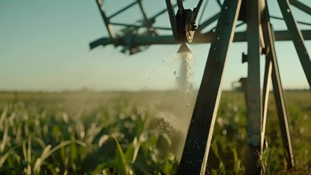 A closeup of a steel structure supporting a center pivot irrigation system with a circular water sprinkler rotating on top. In the background a field of biofuel crops can be seen growing .