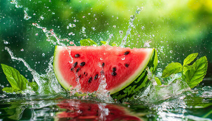 Watermelon with splashes and drops of water on a green background