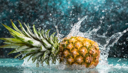 Pineapple and water splash on black background. Fresh fruit concept.