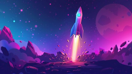 The modern illustration shows a cartoon spaceship flying on an alien planet background as it takes off from the rocky surface and flies into the starry sky, exploring cosmic galaxies. Web banner. - obrazy, fototapety, plakaty
