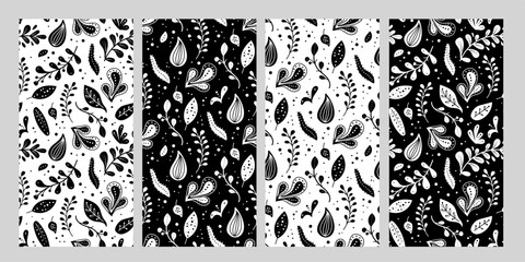Seamless neo folk art vector patterns set with flowers, black and white floral design. Neo folk style endless background perfect for textile design.