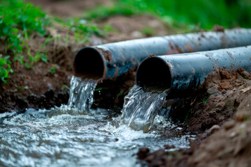 Discharge of waste and polluted water through old pipes. Concept of non-ecological use of natural resources and environmental pollution