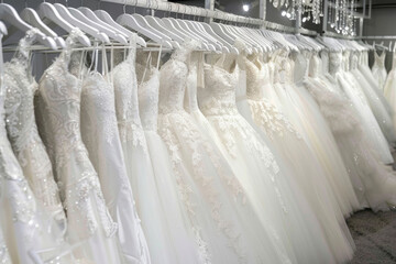 Beautiful wedding dresses on hangers in the wedding salon for the celebration