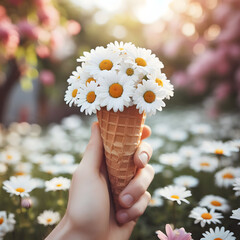 human hand holding  ice cream cone with daisies - 791835658