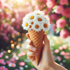 human hand holding  ice cream cone with daisies - 791835661