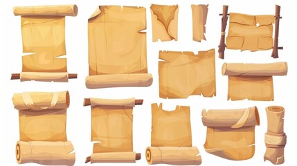 Ancient parchment scrolls, old manuscripts. Antique letters, rolled up documents, empty yellow paper sheets isolated on white, modern cartoon set.