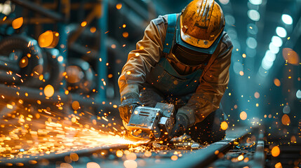 Industrial welder in safety helmet and uniform sparks as fuse metal in a factory