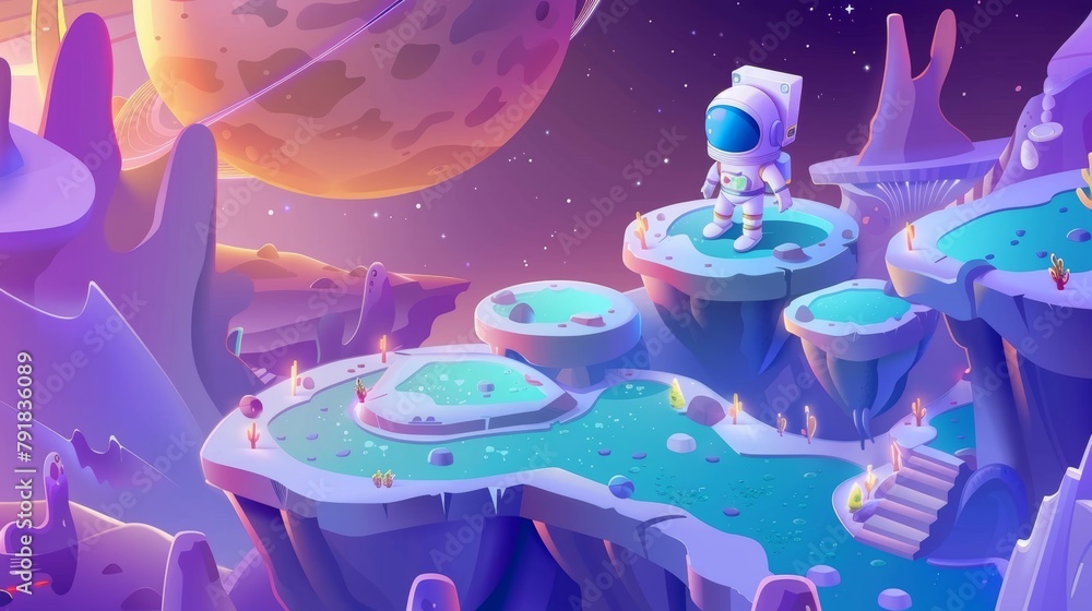 Poster this parallax background shows a game level map with a little astronaut, platforms with stages, and 