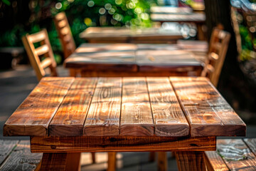 Wooden tables of the luxury restaurant