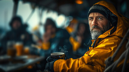 Group of fishermen having a snack or coffee at dawn before setting sail. A day in the hard life of professional fishermen.