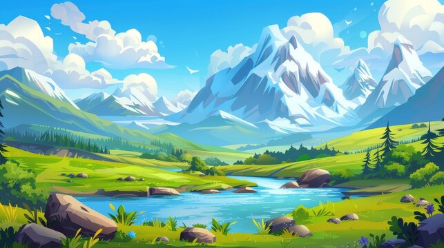 The cartoon nature landscape with blue sky, fluffy clouds, green fields and grass on a mountainside, with the river flowing into a clear lake, a natural parkland on a summer background, a natural