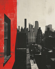 Urban cityscape artwork portrays a stark red and black abstract rendition of a city view.