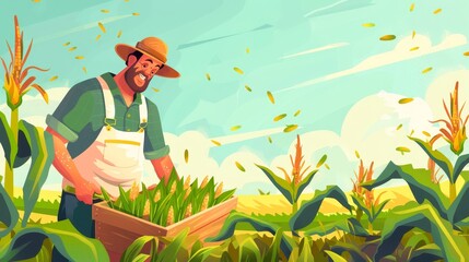 A farmer works on a cornfield with a pruner and wooden box, harvesting, farming concept with local villager on summer meadow landscape background, cartoon modern illustration. - obrazy, fototapety, plakaty