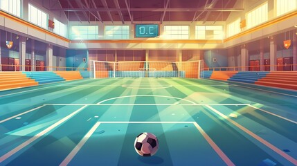 Sports arena for team games with gates, marked floor, scoreboard, and empty fan sector seats. Indoor stadium, Cartoon modern illustration.