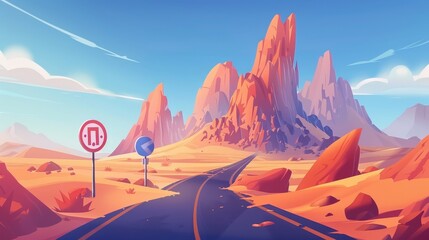 A car is traveling down a desert road with loose sand and mountains. A western desert landscape has orange rocks and an asphalt highway with a speed limit sign. Modern cartoon illustration with a