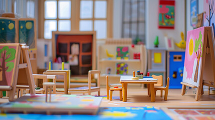 Cute toy furniture set, kindergarten school Japanese style with easels, paintings, art supplies, and Brush. Plastic textile felt. Point of view looking out of window from inside art school at eye leve - obrazy, fototapety, plakaty