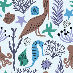 Blue sea life seamless repeat pattern with a light blue background