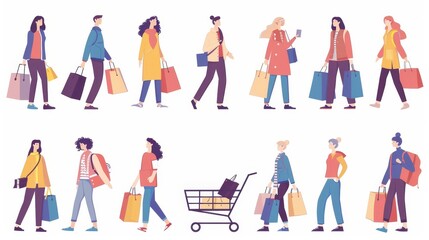 Customers with trolleys and paper bags buying purchases in shop, mall or boutique. Men, women and kids customers purchasing in store Cartoon linear flat modern illustration.