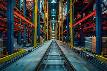 Symmetrical View of Automated Warehouse Aisle with Roller Conveyors