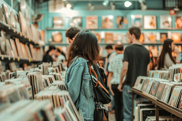 Vintage vibes in a vinyl record store, where music lovers explore classics. Contemporary modern...
