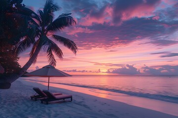 Sunset at Tropical Beach with Vibrant Pink Skies