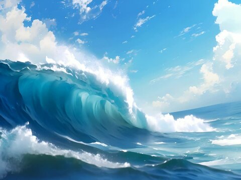 A digital painting of a large wave crashing on a beach. The wave is in the foreground and is crashing on the shore. The sky is blue and there are white clouds. The water is a deep blue
