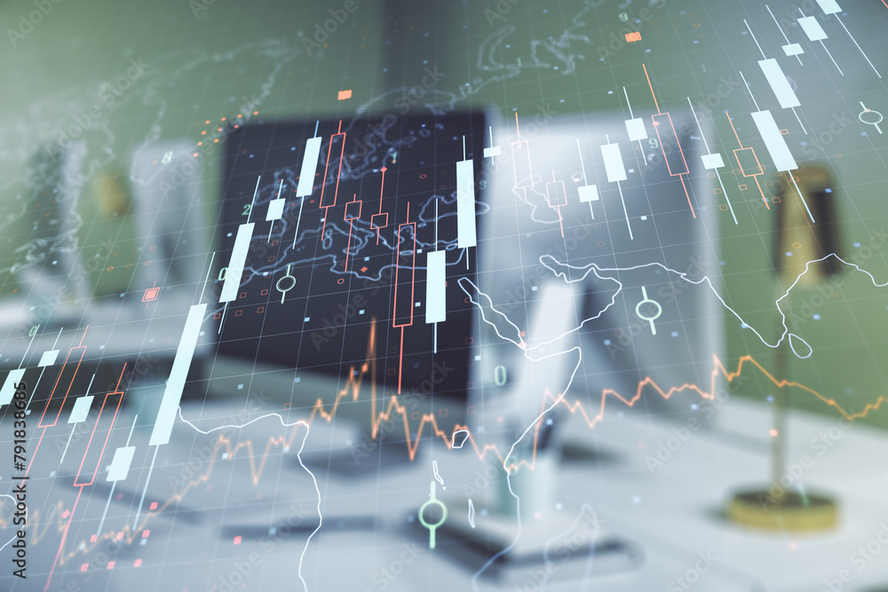 Poster double exposure of abstract creative financial diagram with world map on computer background, bankin