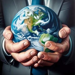 Man dressed in a gray business suit holding Planet Earth gently in his big hands 