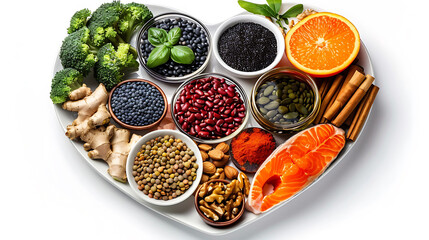 Heart-shaped plate of healthy heart foods with acai, lentils, soy sauce, ginger, salmon, carrot, tomato, turmeric, cinnamon, walnuts, garlic, peppers, broccoli, basil, onion isolated on white