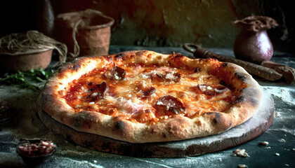 Close-up of a freshly baked pizza, getting right from the oven in vintage style