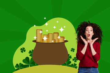 Composite trend image 3D photo collage of young excited lady wow shocked win find golden pot happy saint patricks day lucky clover