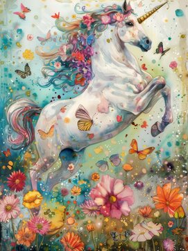 Majestic Unicorns Dreamlike Gallop through a FlowerAdorned Meadow