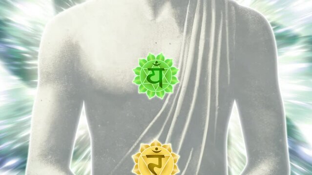 Meditating Yogi with Seven Chakras on Animated Background