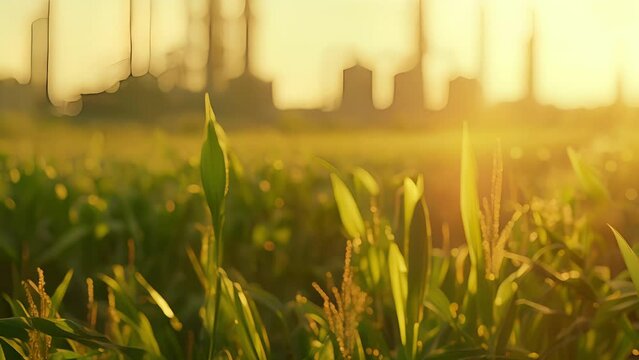 A lush field of tall corn stalks which will be utilized as a key ingredient in the biofuel production process. In the distance a stateoftheart biofuel refinery can be seen showcasing .