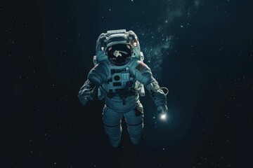 Space Voyager Floating in ZeroGravity with a Glowing Orb - obrazy, fototapety, plakaty