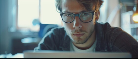 Photograph of Young Stylish Businessman Wearing Glasses Working on Laptop, Doing Data Analysis, Website Design, Creative Development. Digital Entrepreneur Working on e-Commerce Startup.