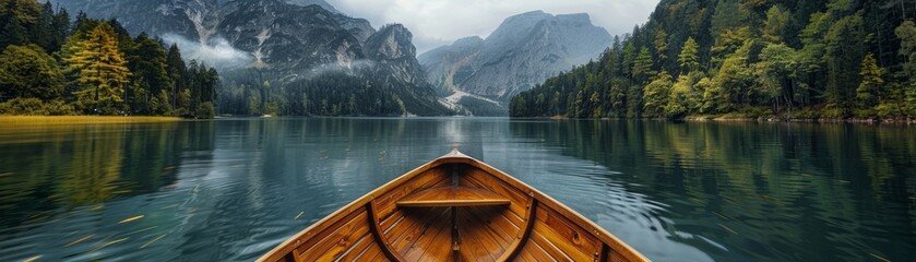 The serene scenery of a rustic wooden canoe on a tranquil mountain lake. AI-generated. - obrazy, fototapety, plakaty