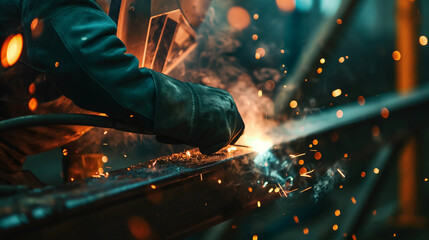 Working as a welder in a factory. Welding of metal structures. - obrazy, fototapety, plakaty