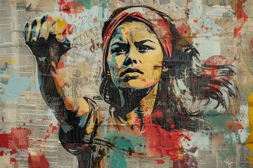 A feminist activist portrayed in a vibrant urban mural, blending graffiti, newspaper clippings, and a myriad of colors in a striking artistic display of empowerment and activism.