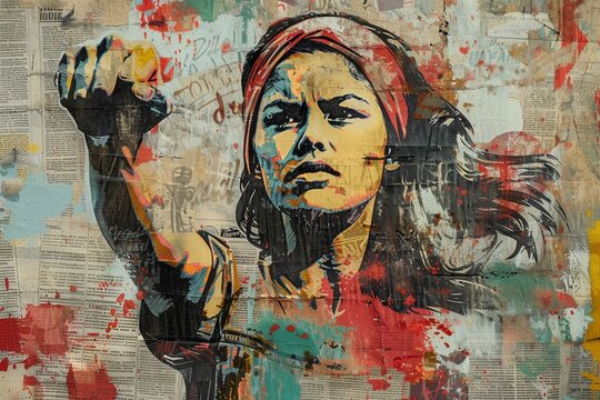 A feminist activist portrayed in a vibrant urban mural, blending graffiti, newspaper clippings, and a myriad of colors in a striking artistic display of empowerment and activism.