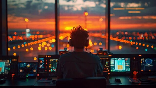 A Male Air Traffic Controller with Headset Talk on a Call in Airport Tower. Office Room is Full of Desktop Computer Displays with Navigation Screens.