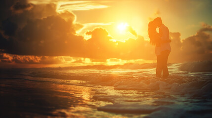 Silhouette of a couple in love. A man and a woman kiss on the seashore while traveling on their honeymoon.