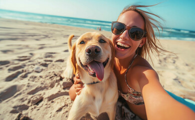 Selfie portrait of a beautiful woman with her retriever dog on the beach by the sea, while traveling and walking. - Powered by Adobe
